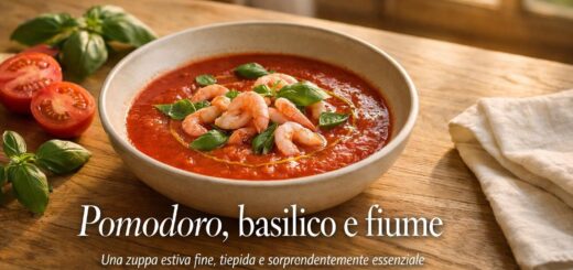 Zuppa tiepida di pomodoro, basilico e gamberi di fiume: l’estate in una ciotola
