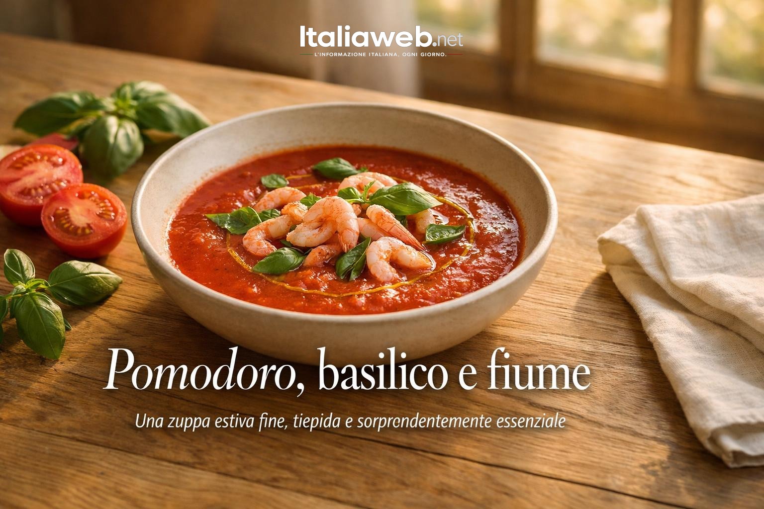 Zuppa tiepida di pomodoro, basilico e gamberi di fiume: l’estate in una ciotola